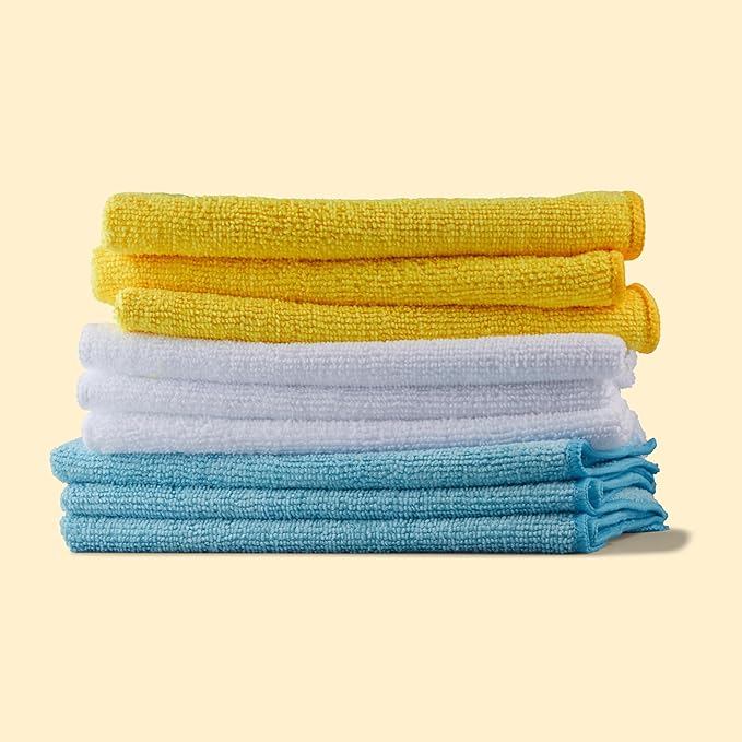 Amazon Basics Microfiber Cleaning Cloths, Highly Absorbent, Scratch-Free, Ultra-Soft, Non-Abrasive, Reusable and Washable, 16" x 12", Blue/White/Yellow, 48-Pack