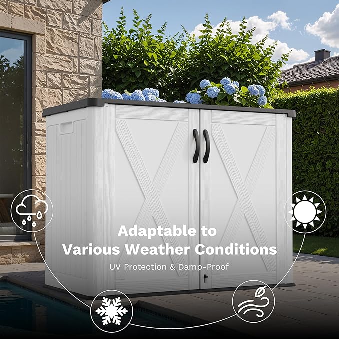 Greesum Outdoor Storage Cabinet, 25 CUFT Deck Box Without Shelves, Waterproof Plastic Storage Shed for Patio Cushions, Gardening Tools, Lockable and Sidehandles, UV Resistant, White