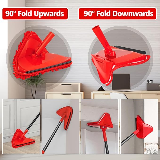 NEWE Wall Mop Cleaner with 80 inches Long Handle, 180° Folding Ceiling Cleaning Tool with Squeegee for Washing Painted Walls, Triangle Baseboard Scrubber with 3 Chenille Duster and 3 Microfiber Pads