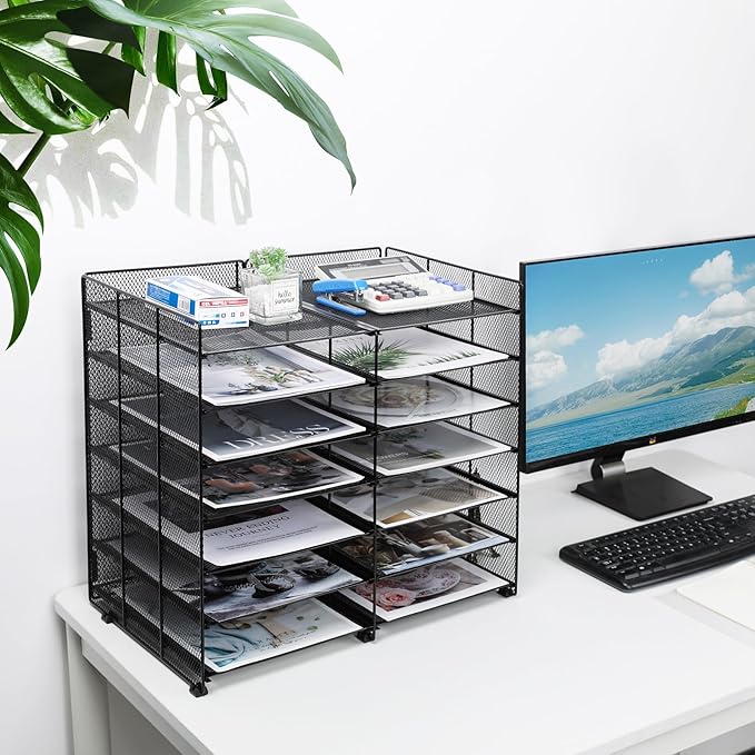 TQVAI 7-Tier Desk Paper Organizer, 12 Slots Mesh Countertop File Mail Organizer, Adjustable Sliding Shelves, Desktop Mailbox Cubbies for Office, Classroom, Black