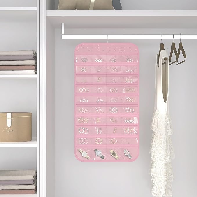 2-Pack Hanging Jewelry Organizer Storage, 40 Pockets 36 Hooks Necklace Earring Necklace Bracelet Ring Organizer, Double - Sided Design, Pink