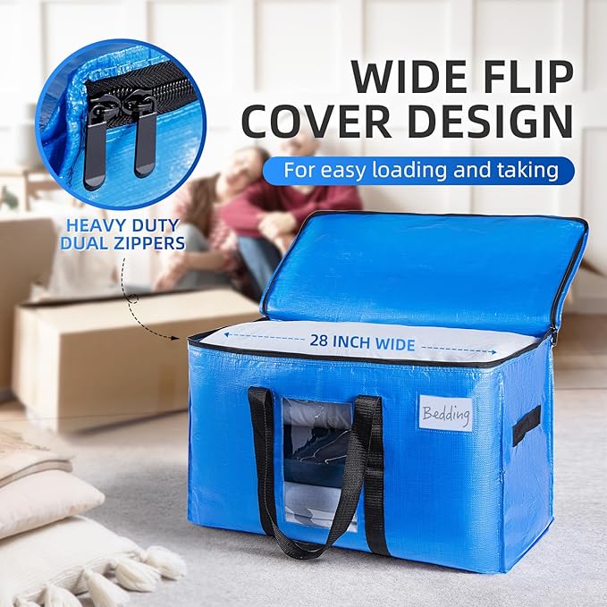 TAILI Extra Large Moving Bags, 8 Pack Blue Heavy Duty Totes for Storage with Visible Window, Wrap Around Handles, Storage Bags for Space Saving, Alternative to Moving Boxes