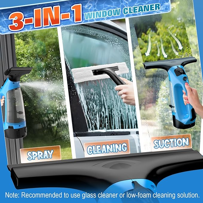 3 in 1 Rechargeable Window Vacuum Squeegee Cordless with 10 Inch Blade, Window Cleaner & Window Cleaning Tool for Spraying, Wiping and Vacuuming Glass, Mirrors, Shower Doors, Tiles and Countertops
