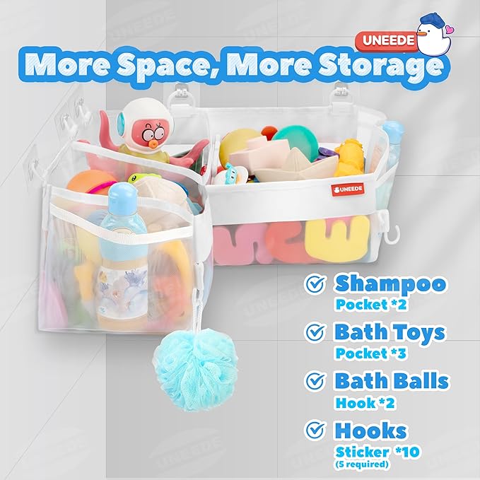 UNEEDE Bath Toy Storage - 3 Compartment Corner Bath Toy Storage Organizer, 4 Gallons Quick-Drying Bath Toy Holder, Machine-Washable Bathtub Toy Storage for Classify Toys & Bath Supplies