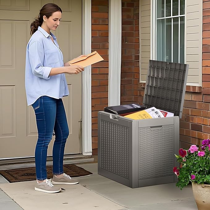 Oudoor Storage Deck Boxes Waterproof, Waterproof and UV Resistant Outdoor Storage Box Lockable Lid for Delivery Box, Indoor, Garden Tools, Pool Supplies, Patio (Grey, 35 Gallon)