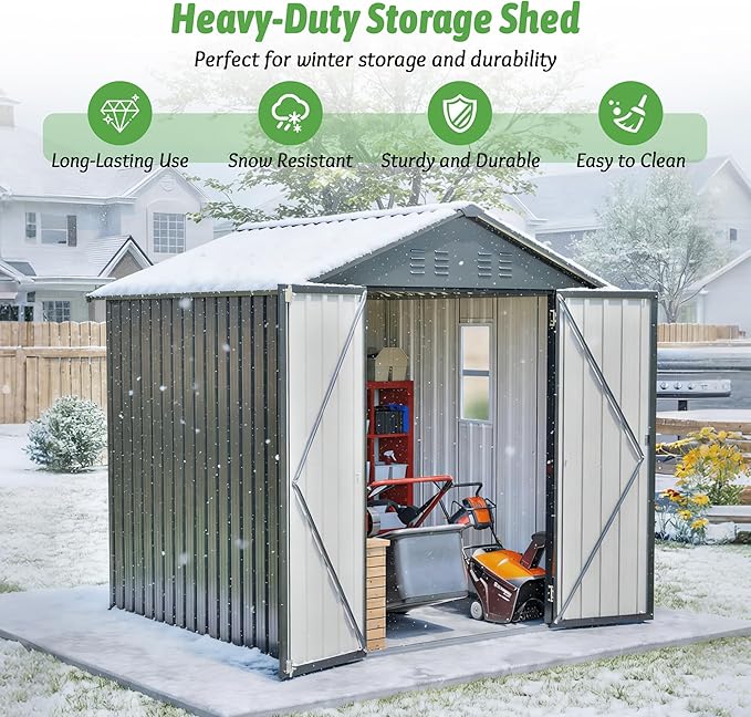 6x6 FT Outdoor Storage Shed with Lockable Doors & Sloping Roof & Clear Window, Galvanized Steel Metal Garden Tool Shed for Backyard, Patio, Poolside