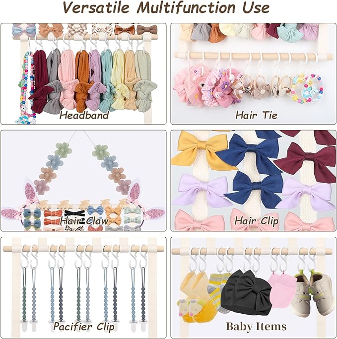 Bow Holder Organizer for Girls Hair Bows, 30x15in Large Headband Holder w/ 8 Ribbons & 20 Plastic Hooks, Wall Hanging Jewerly Clip Hair Accessories Organizer Storage for Baby Toddler(Beige)