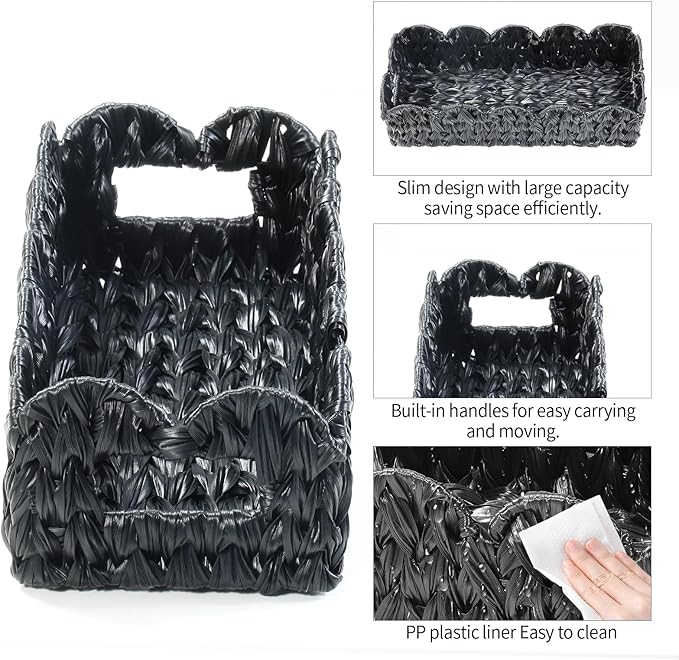 Balck Toilet Basket,Set of 2 Scalloped Wicker Basket with Built-in Handles,Long Back of Toilet Baskets for Shelf,Tank Topper,Countertop,Rectangle