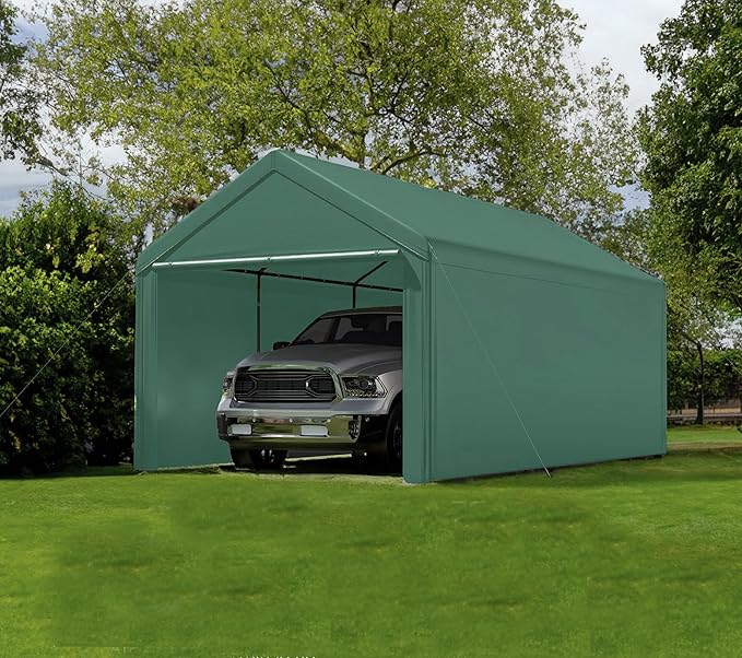 Carport 10x20 Ft Heavy Duty Canopy Steel Canopy Storage Shed,Portable Party Tent,Portable Garage with Removable Sidewalls & Doors All-Season Tarp for Carport Floor Fixing (Green)