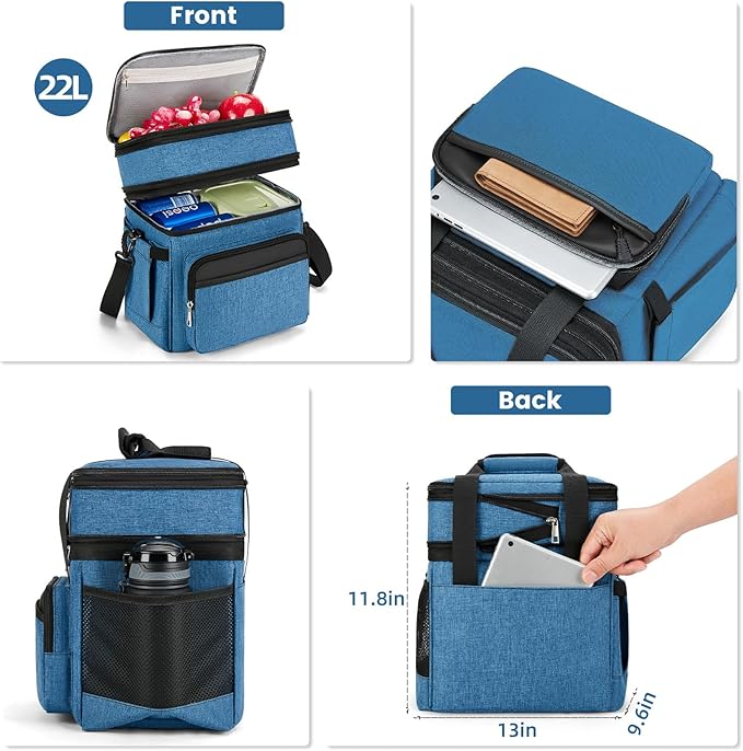 Insulated Lunch Bag & Lunch Box for Men - Double Deck Reusable Lunch Bag for Women Tote Cooler Bag Leakproof Soft Expandable - Extra Large Lunchbox for Work/Adult/Picnic/Outdoor (Blue，22L)