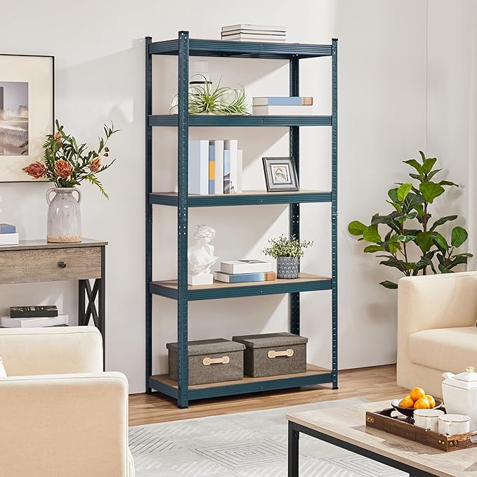 Topeakmart 5-Tier Utility Shelves, Metal Storage Shelves Garage Shelving Unit Adjustable Garage Storage Shelves Storage Racks Heavy Duty Shed Shelving- Neptune Blue, 35.5 x 16 x 71 Inch