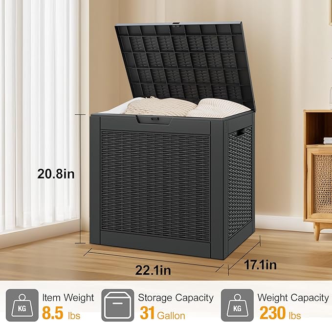Outdoor Storage Deck Boxes Waterproof, Waterproof and UV Resistant Outdoor Storage Box Lockable Lid for Delivery Box, Indoor, Garden Tools, Pool Supplies, Patio (Black, 31 Gallon)