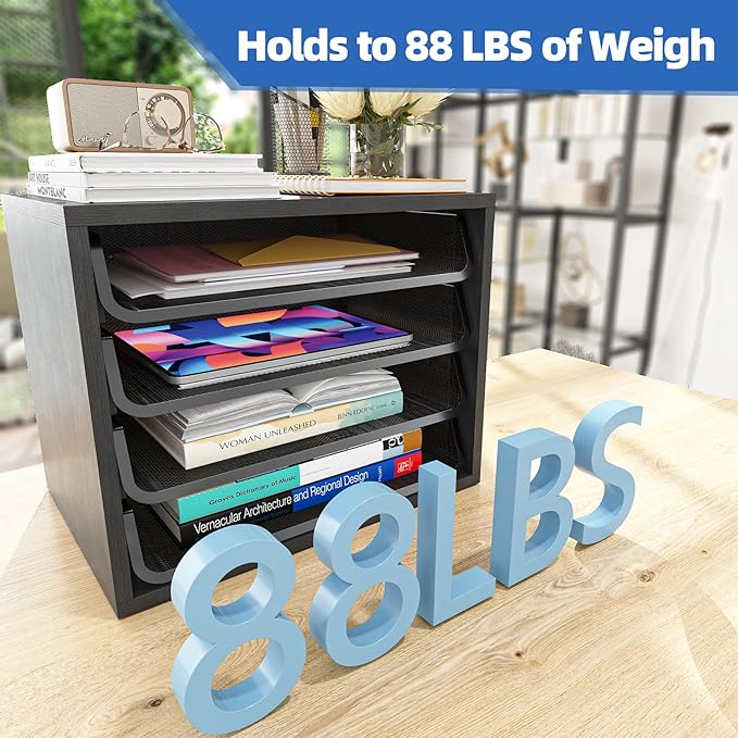 Simple Trending Desk File Organizers, 4-Tier Letter Tray Paper Organizer with File Holder, Wooden Paper Sorter for Office Supplies, Black