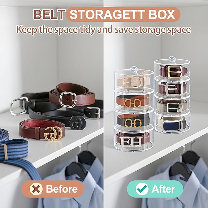 Belt Organizer, 4-Tier Acrylic Belt Storage & Holder for Closet, Clear Acrylic Display Case with Dust Cover for Belts