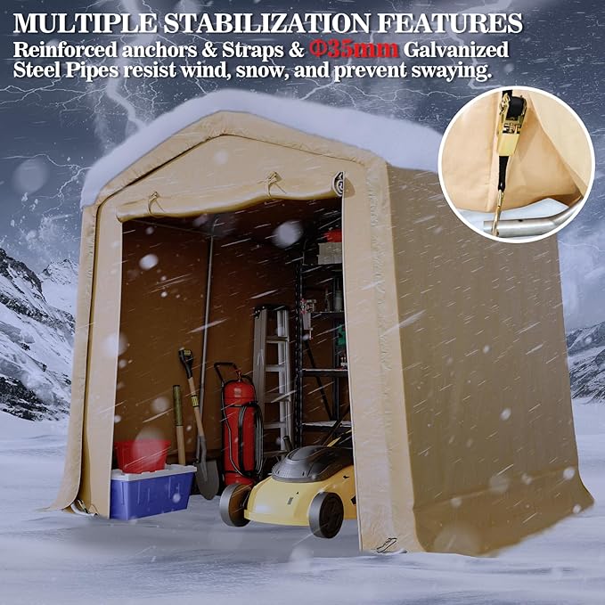 CHARMELEON 8x8FT Heavy Duty Outdoor Storage Shelter,Portable Garage Shelter for Garden Tool Motorcycle Bike,All-Steel Metal Frame Storage Tent with Dual Doors & Thickened Fabric (Khaki)