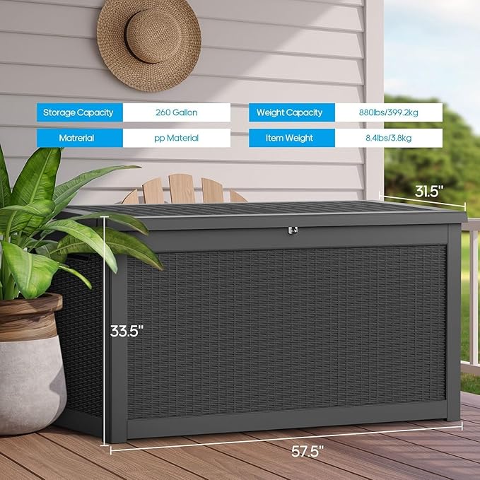 Outdoor Storage Box 320GAL Waterproof Resin Deck Box,UV-Resistant Lockable Delivery Bin for Garden Tools,Large Patio Outside Cushions,Pool Accessories Supplies,Chest,Furniture,Package,Black