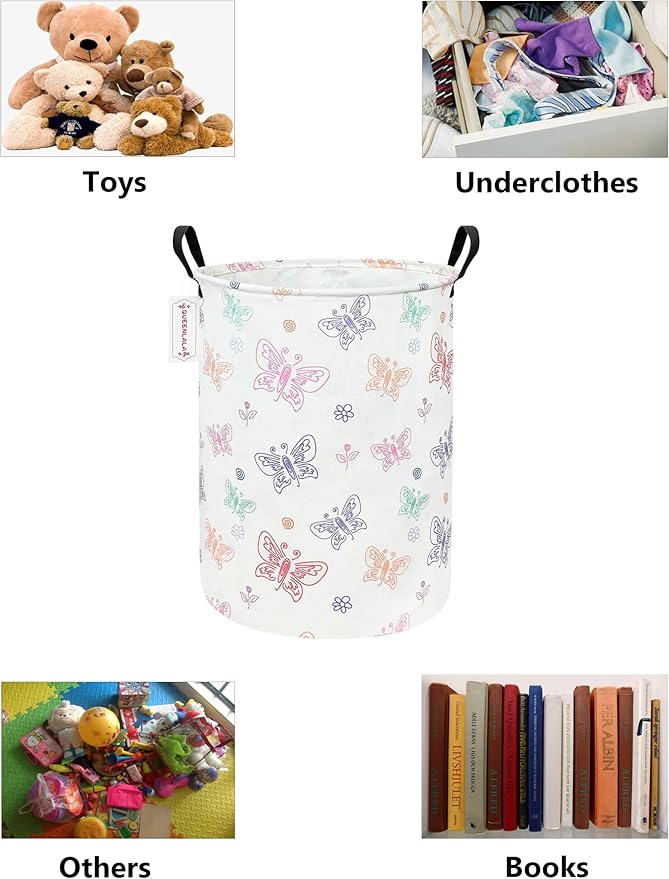 QUEENLALA Large Storage Basket,Laundry Hamper/Bathroom/Home Decor/Collapsible Round Storage Bin,Boys and Girls Hamper/Boxes/Clothing（Round-Colorful Butterfly）