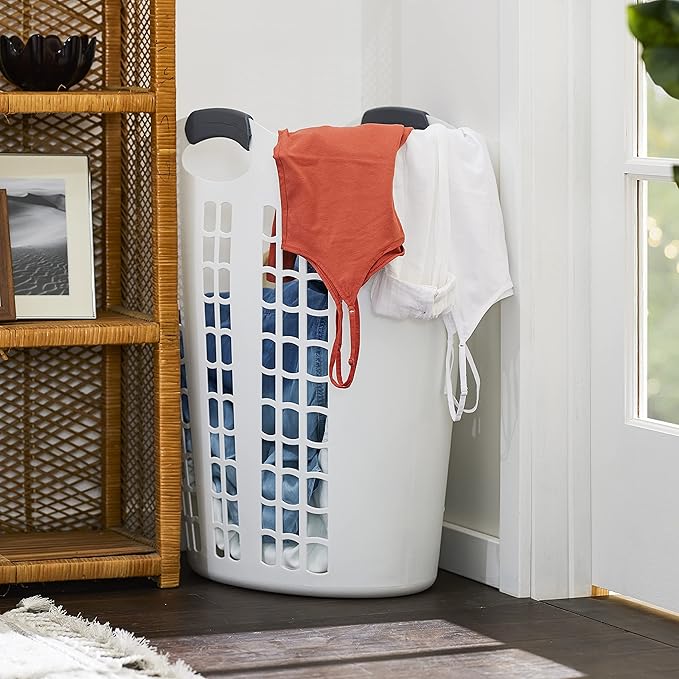 Gracious Living Easy Carry Flex Hamper, Large 87.5 Liter Lightweight Plastic Ventilated Laundry Basket Clothes Bin with Handles, White (2 Pack)