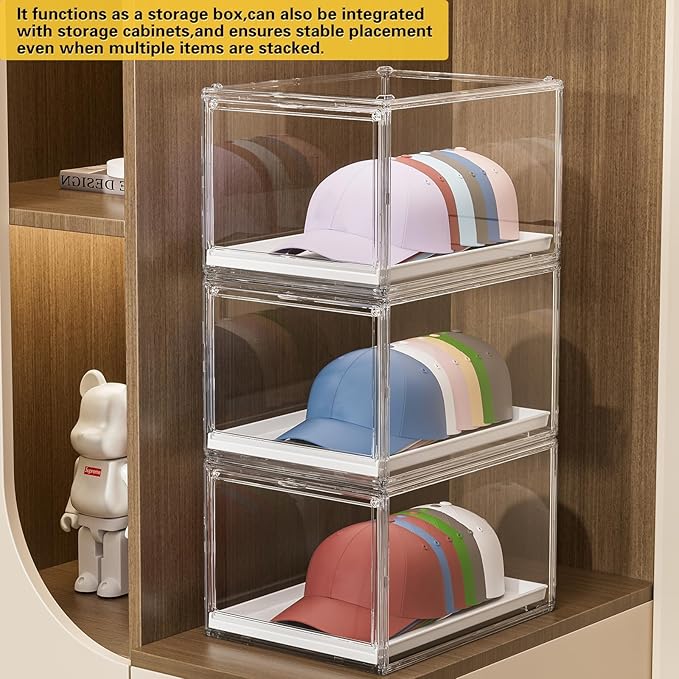Hat Organizer Cap Box, Stackable Clear Baseball Caps Holder Containers with Magnetic Door for Hats Snapback Cap Storage, Pull Out Drawer Hat Rack Display Case (1pack)