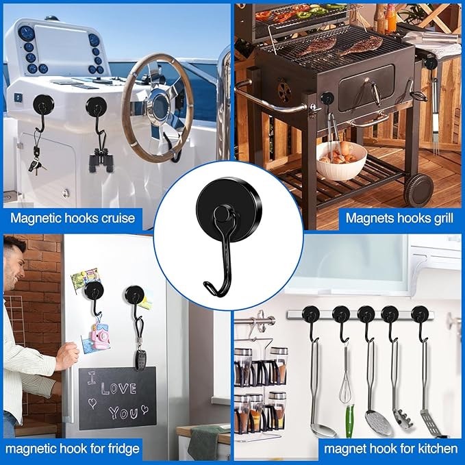 LOVIMAG Hooks, 120lbs+ Magnetic Magnet Hook 2025 Cruise Cabin Ship Essentials Heavy Duty Strong Refrigerator Fridge Hanging for Classroom Beach Vacation Kitchen Grills Home Mug Hanger (6 Pack), Black