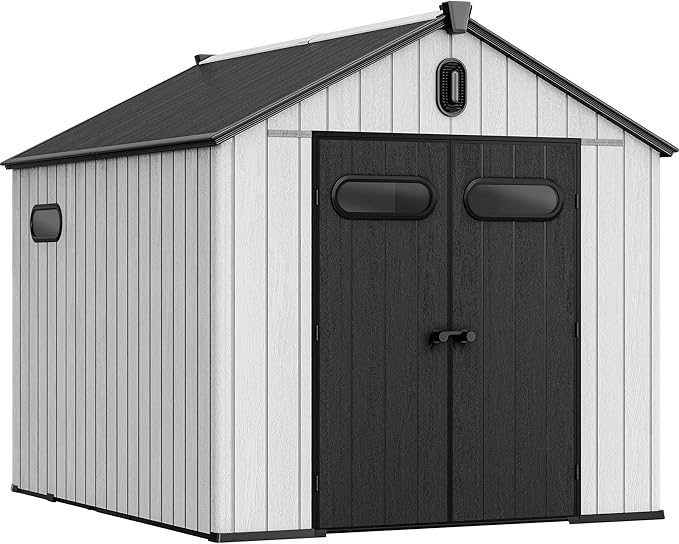YITAHOME 8x10ft Outdoor Plastic Storage Shed with Floor, Extra Thick Waterproof Garden Shed with Lockable Door, Oval Vision Windows &Vents, 16mm Heavy Duty Tool Storage for Patio, Lawn, Gray