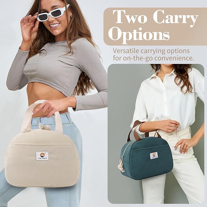 Lunch Bag Lunch Box for Women Girls Teens, Cute Lunch Box Cooler Bag,Portable Small Reusable Corduroy Insulated LunchBox for Work/Travel/Picnic/School (Beige)