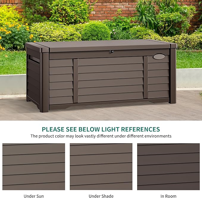 DWVO Large Deck Box 150 Gallon Waterproof Outdoor Storage Box, Extra Large Outdoor Bin, Resin Louvered Patio Storage for Pillows, Garden Tools & Pool Supplies, Lockable, Dark Brown