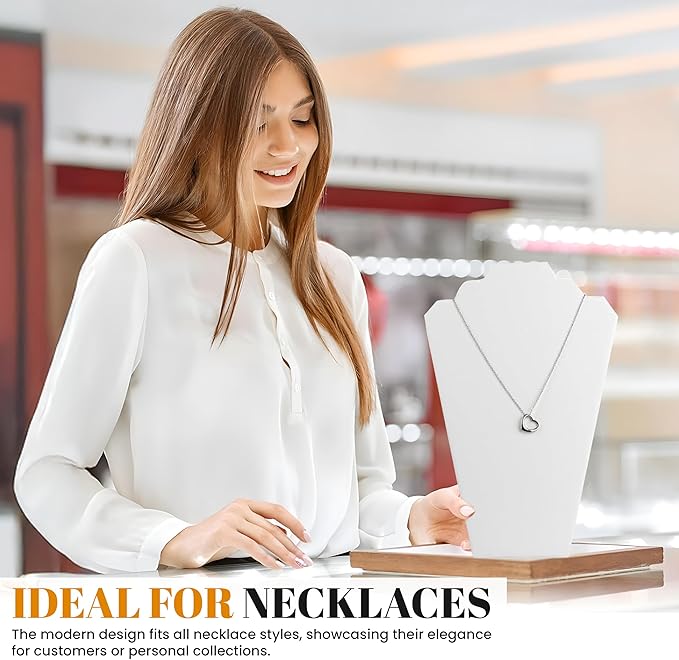 Novel Box 2 Pack White Leatherette Necklace Display Stands 8 1/4 W x 12 1/2 H Inches - Jewelry Stand Necklaces Organizer for Women - Elegant Necklace Easels for Craft Shows, Selling & Personal Use