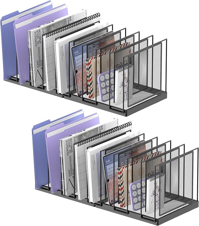 9-Section Desk File Organizer, Vertical File Holder, Mesh Desktop File Folder Metal File Organizer Stand for Office Home Classroom, Black, 2 Pack