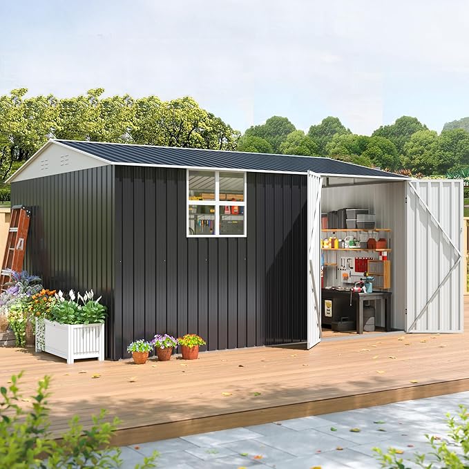12x10 FT Outdoor Metal Storage Shed with Window, Heavy-Duty Galvanized Steel Tool Shed with Lockable Doors, Waterproof Garden Shed for Backyard, Patio, Lawn, Black