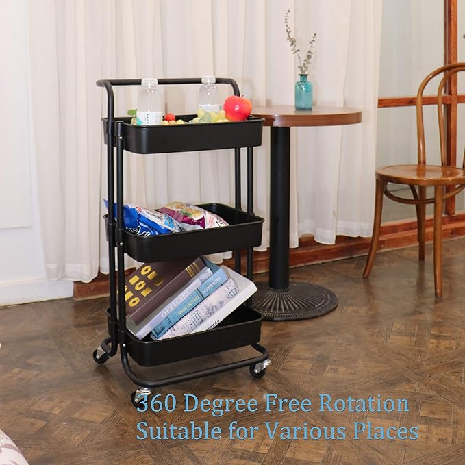 3 Tier Utility Rolling Cart Multifunction Organizer Shelf Storage Cart with Handle and Lockable Wheels for Home Kitchen Bathroom Laundry Room Office Store etc. (Black)