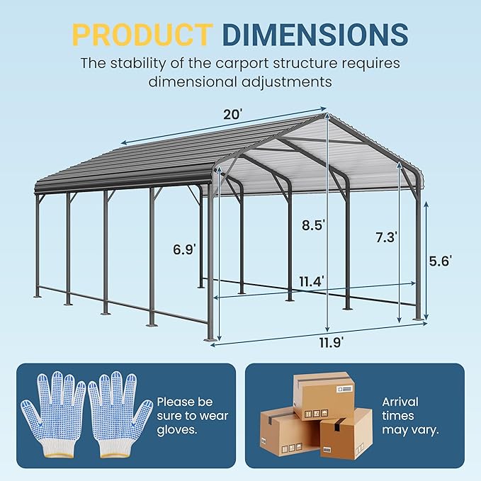 Wisteria Lane 12x20FT Metal Carport, Heavy Duty Carport Canopy with Reinforced Frame and Base for All-Weather, Outdoor Garage Car Port for Boats, Tractors, Pickup Trucks or Party, Dark Gray