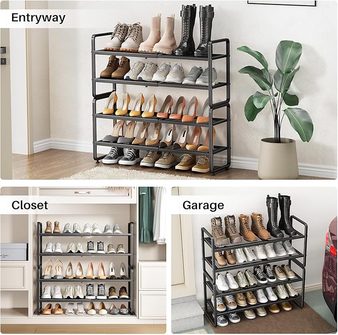 Shoe Rack - Expandable Shoe Organizer for Closet, Adjustable Metal Shoe Shelf Storage, Stackable Long Shoe Stand Holder for Garage, Entryway, Door Entrance (Black, 4-Tier)