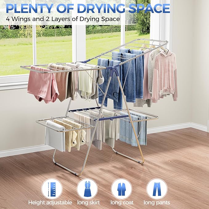 APEXCHASER Clothes Drying Rack, Foldable 2-Level Drying Rack Clothing, Stainless Steel Free-Standing Laundry Airer, with Height-Adjustable 4 Wings, Matte Blue