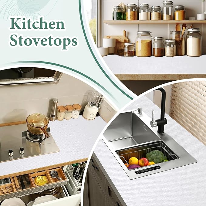Drawer and Shelf Liner for Kitchen Cabinet: 17 in X 20 Ft Non Slip Waterproof Shelf Paper Non Adhesive Refrigerator Liners White Easy Liners for Bathroom Cupboard with Knife Tape Measure