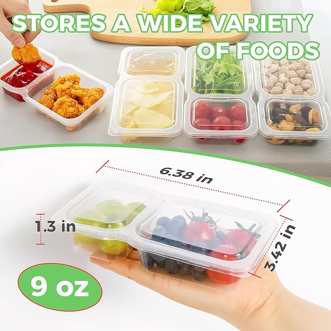 MACTANO Reusable Snack Containers with Lids, 9 oz Double Compartment Plastic Snack Pack Containers Portion Control Meal Prep Snack Boxes BPA Free 20 Sets for Work Travel School