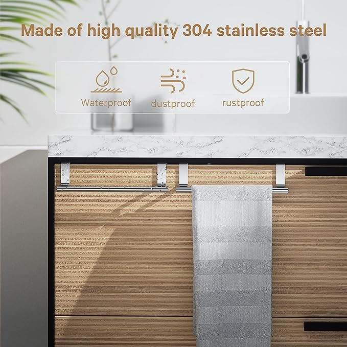 Stainless Steel Over Door Towel Rack Bar Holders for Universal Fit on Over Cabinet Cupboard Doors 2 Pack (Sliver)
