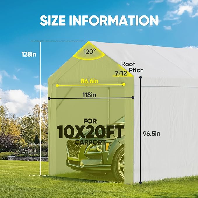 ADVANCE OUTDOOR 10x20 ft Carport Replacement Door with Zippers Tarp, Heavy-Duty Waterproof & UV Protected, Easy Installation with Ball Bungees, White, One Door Only