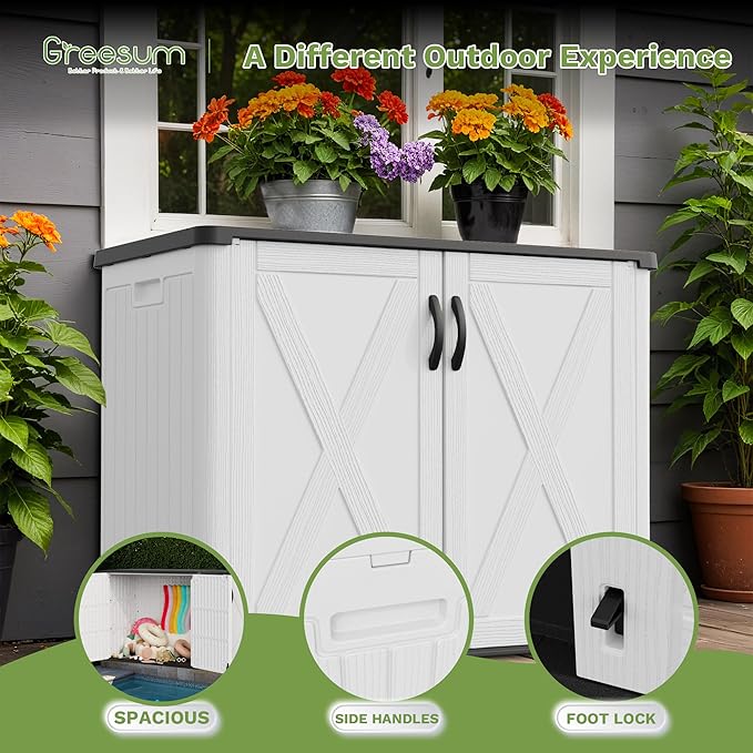 Greesum Outdoor Storage Cabinet, 25 CUFT Deck Box Without Shelves, Waterproof Plastic Storage Shed for Patio Cushions, Gardening Tools, Lockable and Sidehandles, UV Resistant, White