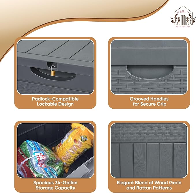 EHHLY 33 Gallon Deck Box, Small Outdoor Storage Box Waterproof, Lockable Secure Package Bin Delivery Box for Outside Front Porch, Patio Cushions Storage Box, Delivery Driver Snack Box for Porch, Grey