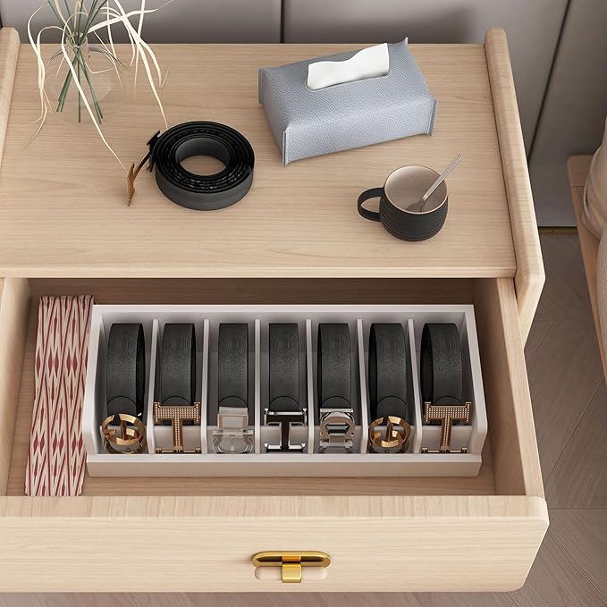 Belt Organizer for Drawer - Bamboo Belt Storage Organizer | Belt Rack for Closet Wall Mount Men Women Tie Sock Bra Scarf Ribbon(White, 2 * 7Grids)