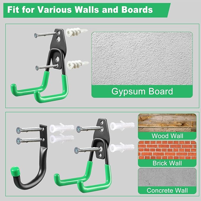 Garage Hooks, 20-Pack Steel Garage Accessories for Organization and Storage, Heavy Wall Mount Duty Hooks with Anti-Slip Coating for Hanging Ladder, Bike, Power Tools and More Tools, Green