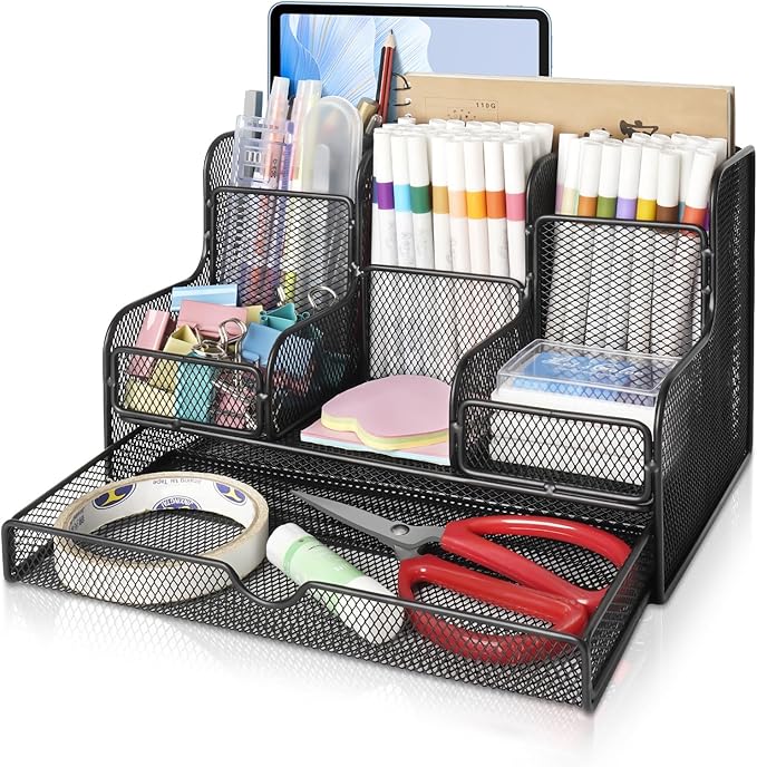Black Mesh Desk Organizer Caddy and Accessories with 7 Compartments, Mesh Multifunctional Desktop Accessories Organizers Office Supplies Desktop Organizer for Home, Office