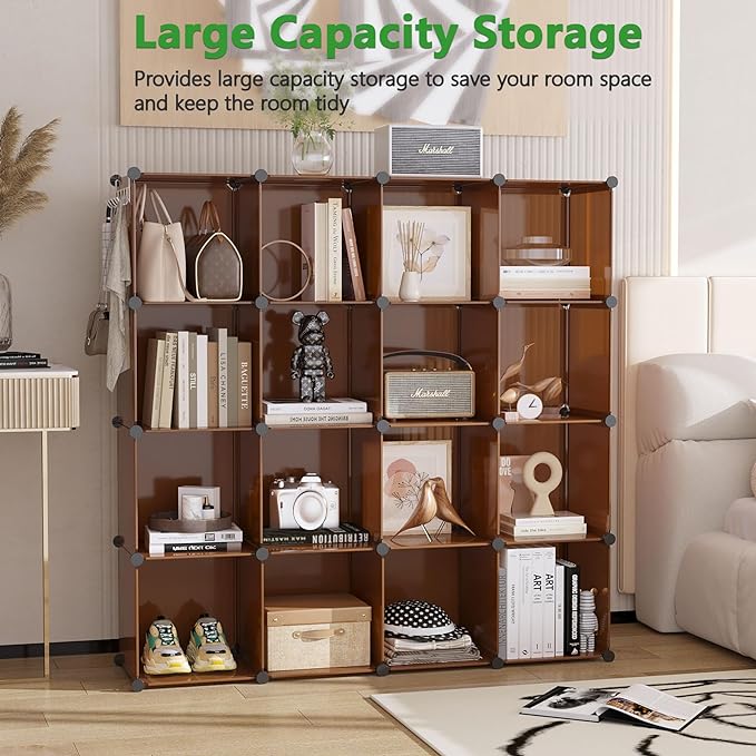 C&AHOME 16-Cube Storage Organizer, Plastic Shelves Units, DIY Closet Organizer, Modular Shelves Ideal for Home, Bedroom, 48.4" L 12.4" W 48.4" H Brown UPCS16C