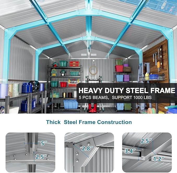 10x16 FT Metal Outdoor Storage Shed with Unique Floor Base Clear Roof Window Lockable Double Door Vent Heavy Duty Reinforced Frame Waterproof Sheds for Garden Large Lawnmower Tool,Dark Grey
