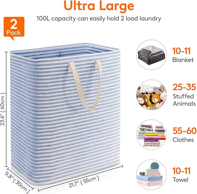Lifewit 2 Pack Laundry Hamper Large Collapsible Laundry Baskets, Freestanding Waterproof Clothes Hamper with Easy Carry Handles in Laundry Room Bedroom Bathroom College Dorm, Pink&Blue, 2 x 100L