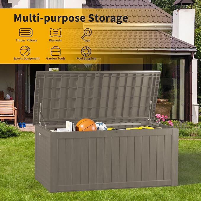Outdoor Storage Box, 270 Gallon Lockable Resin Deck Box Large Waterproof, Patio Storage Bin for Furniture Cushion, Garden Tools and Pool Accessories, UV-Resistant Bench Cabinet for Outside, Gray