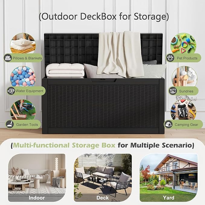 71 Gallon Outdoor Storage Box, Resin Deck Boxes Outdoor Waterproof For Patio Furniture, Garden Tools, Pool Supplies, Lockable And UV Resistant (Rattan Black)