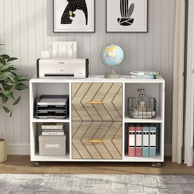 Tribesigns 2 Drawer File Cabinet, Large Mobile Lateral Filing Cabinet for Letter Size, Printer Stand with Storage Shelves and Rolling Wheels for Home Office (White)