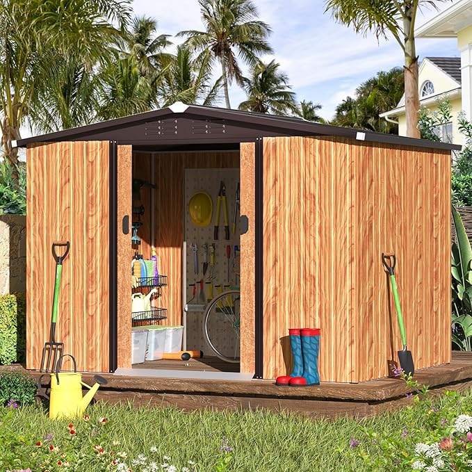 AECOJOY 6' x 8' Shed, Wood Grain Sheds & Outdoor Storage Clearance with Sliding Door, Metal Tool Shed Storage Cabinet, Garden Backyard Shed for Yard, Outdoor Storage Clearance in Dark Grey